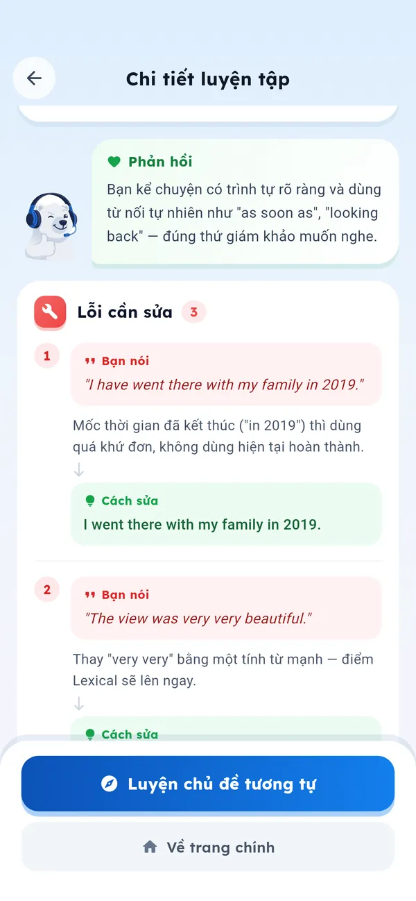 Màn hình chi tiết bài luyện: danh sách lỗi cần sửa, mỗi lỗi có câu bạn nói và cách sửa