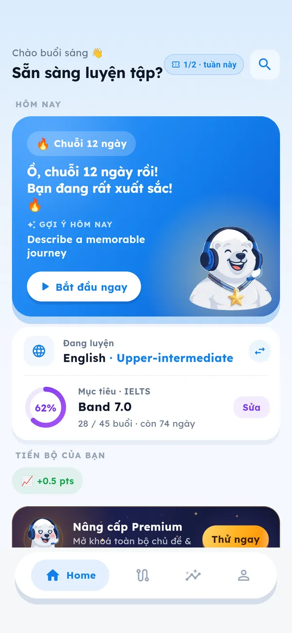 Màn hình chính SimuSpeak: chuỗi 12 ngày, gợi ý bài luyện hôm nay