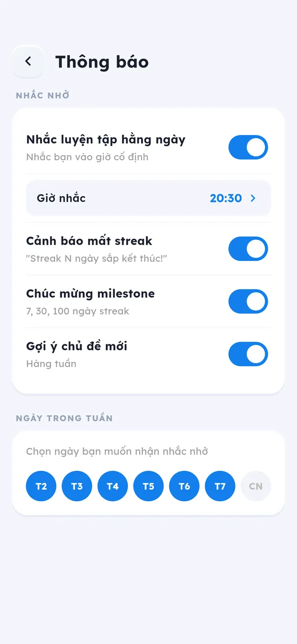 Màn hình cài đặt thông báo nhắc luyện tập hằng ngày