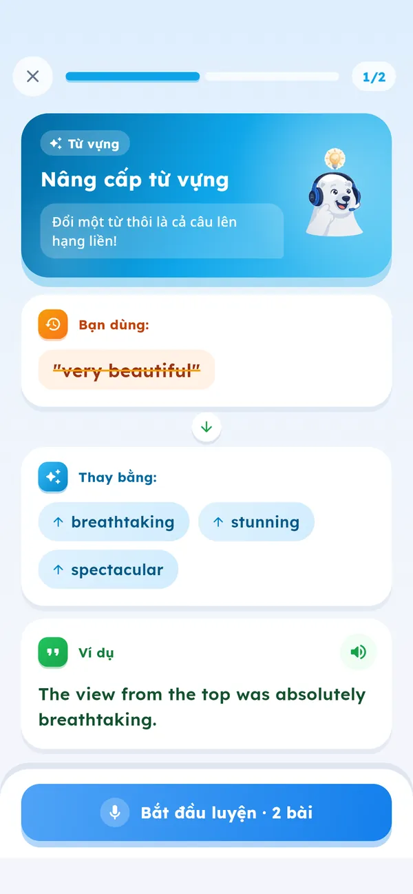 Màn hình bài luyện từ vựng: thay “very beautiful” bằng “breathtaking”