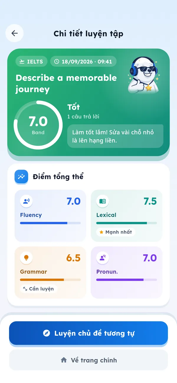 Màn hình kết quả bài luyện: band ước tính 7.0 kèm điểm Fluency, Lexical, Grammar, Pronunciation